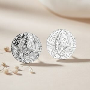 Round Textured Stud Silver Earrings